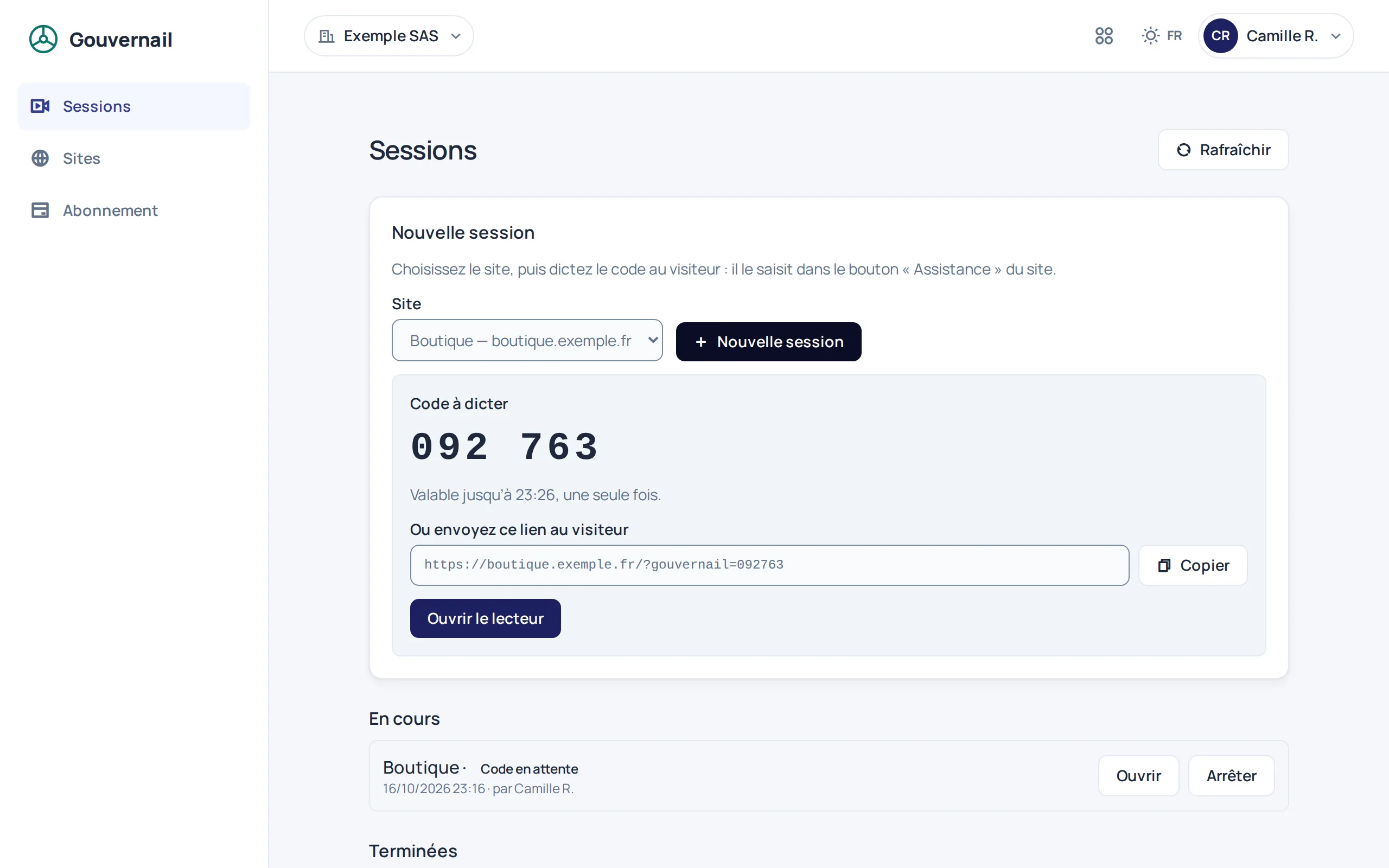 Tableau de bord de Gouvernail : une nouvelle session affiche le code à 6 chiffres à dicter, son heure d'expiration et le lien à envoyer au visiteur.
