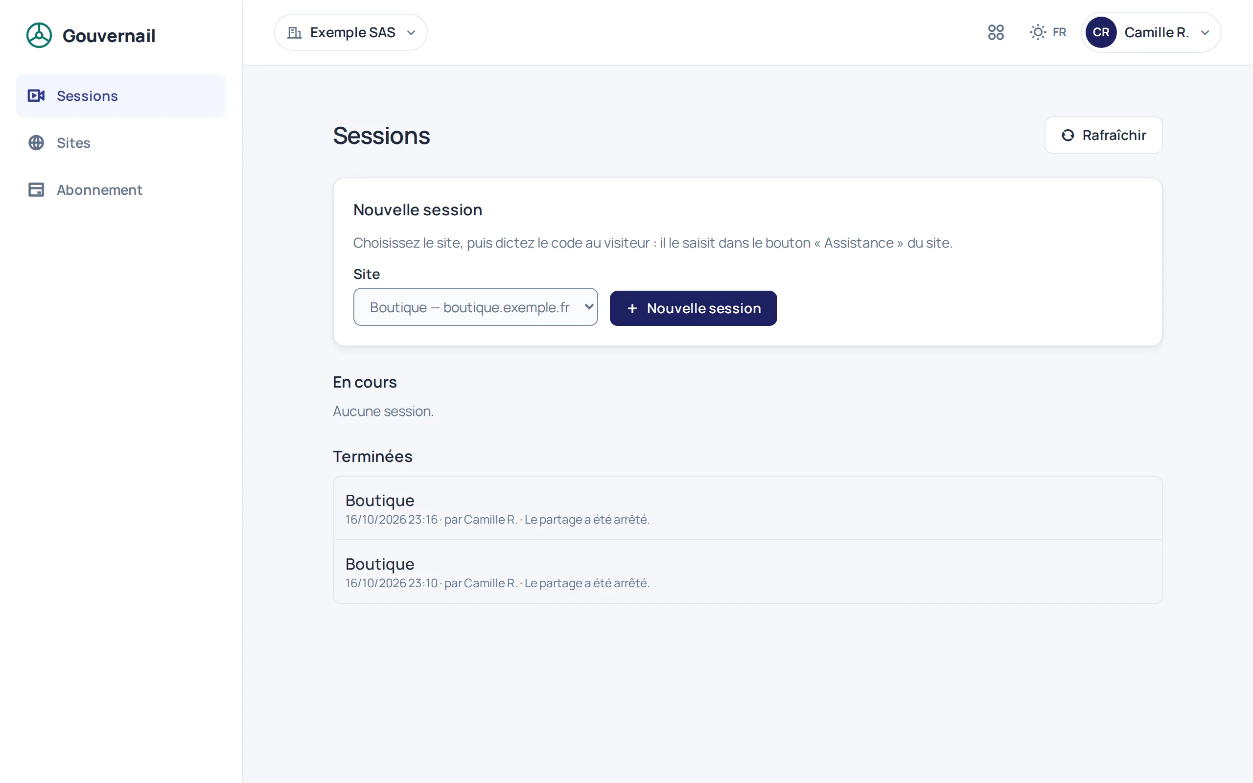 Liste des sessions de Gouvernail : sessions en cours et terminées, avec le site, l'heure, l'agent et la raison de la fin.